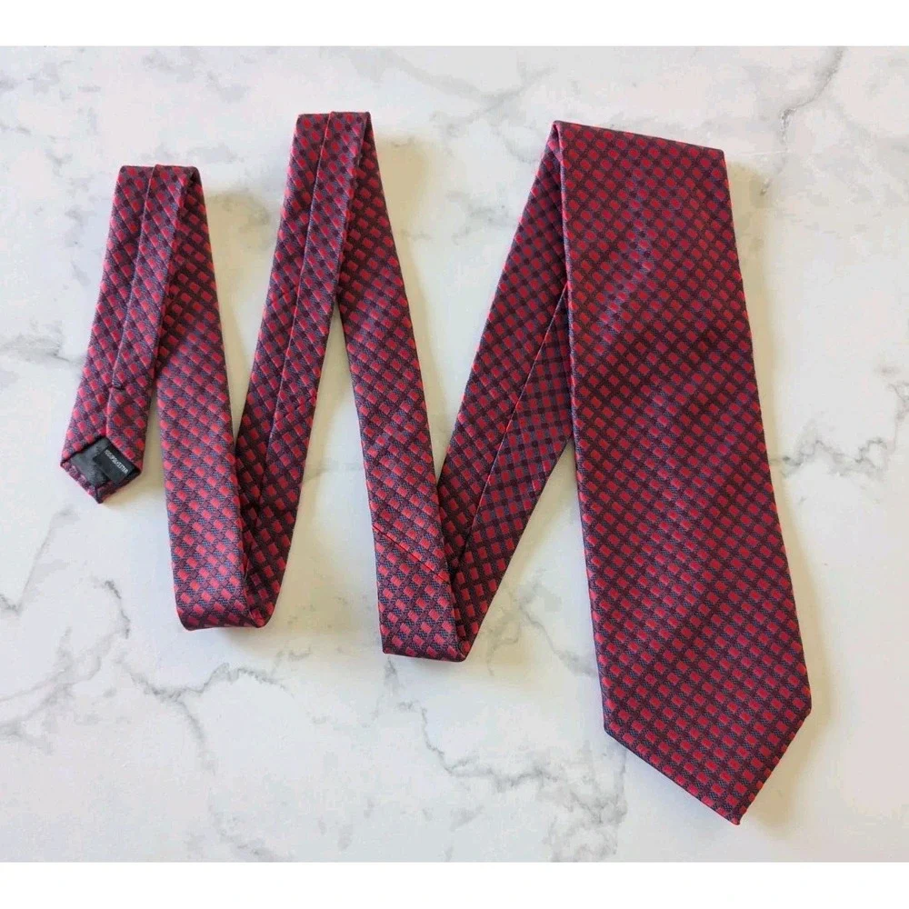Bergamo New York X-Long Tie Jacquard Red Blue Geometric Squares Handmade